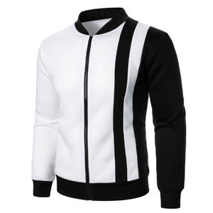 Chaqueta universitaria con cremallera personalizada para hombre, bloque de color blanco y negro, rayas verticales, transpirable, manga completa, OEM/ODM, proveedor mayorista - Product Image 2
