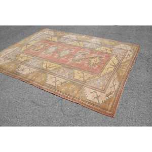 7x9.3 ft Vintage Rug, Turkish Large Rug, <b>Red</b> Beige Patchwork <b>Wool</b> Rug - Product Image 4