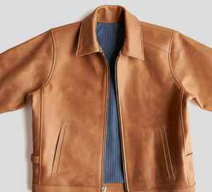 Veste d'hiver en cuir de mouton brun pour homme, style vintage, fermeture éclair, col montant, coupe classique - Product Image 2