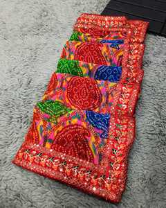 Sari en Georgette de Haute Qualité avec Bordure en Dentelle Lourde à Imprimé Leheriya Moderne et Élégant pour Fête Festival Traditionnel Indien - Product Image 4