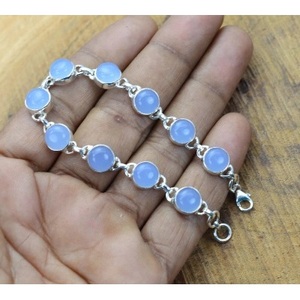 Bohemia Blue Chalcedony 925 Sterling <b>Silver</b> Gold Plated Chain Link Round Unisex Bracelet - Product Image 2