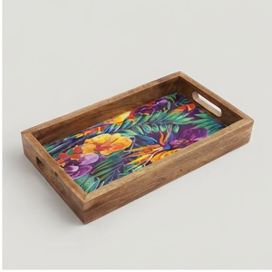 Bandeja Decorativa Rectangular de Madera Hecha a Mano con Diseño Floral Vibrante Esmaltado, Estilo Bohemio, Pieza Única Artesanal - Product Image 3