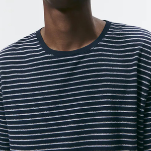 เสื้อยืดผ้าฝ้าย100% โอเวอร์ไซส์คอกลมแขนสั้นแบบถักคอตตอนระบายอากาศเสื้อลายทางฤดูร้อน - Product Image 4