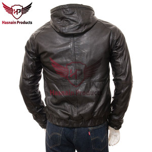 Veste à capuche en cuir noir pour homme de qualité supérieure avec taille élastiquée et deux poches zippées-Vêtements d'extérieur élégants pour la mode - Product Image 6