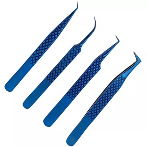 Ensemble de 4 pinces à épiler pour Extensions de cils à poignée en diamant-fourniture de cils en acier japonais (bleu) emballage de couleur avec LOGO en acier inoxydable - Product Image 1