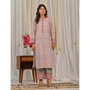 Conjunto de Kurta y Pantalón de Algodón Blanco con Estampado a Bloques para Uso Diario - Product Image 3