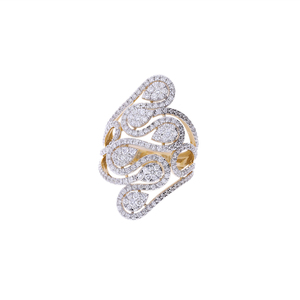 Anillo Abierto Ancho de Oro Amarillo de 14K con Baño de Rodio, Diamantes Naturales y Diseño Clásico Artístico de Paisley en Forma de Lágrima, con Pavé de Diamantes Brillantes - Product Image 1