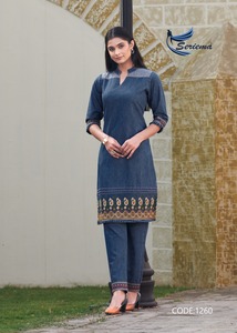 Exclusive Most Trending <b>Top</b> Quality Pure 100% Cotton Denim Kurti Pant With Embroidery Work <b>Indian</b> Exporter and Supplier - Product Image 4