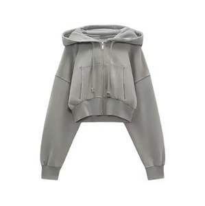 Vente en gros Sweat à capuche gris uni avec logo sur le devant Fermeture à glissière complète Col à capuche pour les saisons d'automne - Product Image 1