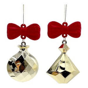 Decoración navideña de Año Nuevo de Navidad, gota de corte de diamante acrílico chapado en oro brillante con adorno de lazo Flocado de terciopelo rojo Borgoña - Product Image 1