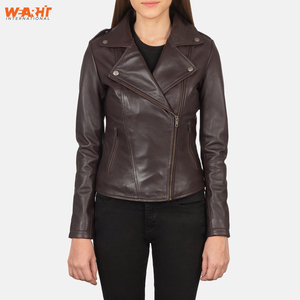 Veste en cuir véritable pour femme, style motard vintage, coupe ajustée, marron uni, fermeture éclair, tendance, mode, hiver - Product Image 1