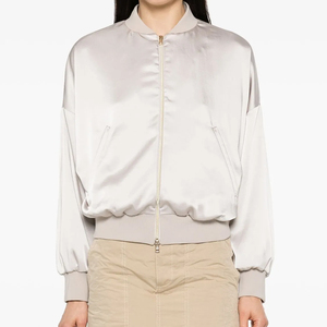 Chaqueta de bombardero de satén para mujer de color sólido con cremallera frontal Chaquetas de satén para mujer de buena calidad a granel - Product Image 1