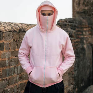 Basics Sweat à capuche polaire 100% coton uni avec fermeture éclair et masque facial intégré, chaud pour l'hiver, style streetwear - Product Image 2