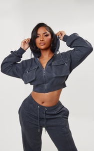 Vente en gros Charbon de bois personnalisé Goutte d'épaule femmes lavé Cargo sweat à capuche court anti-rides et respirant sweats à capuche femmes sweat à capuche zippé - Product Image 6