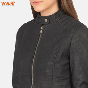 Veste Slim Fit en cuir noir véritable pour femmes élégantes, fermeture à glissière, col montant, manteau décontracté élégant, solide, léger et respirant - Product Image 4