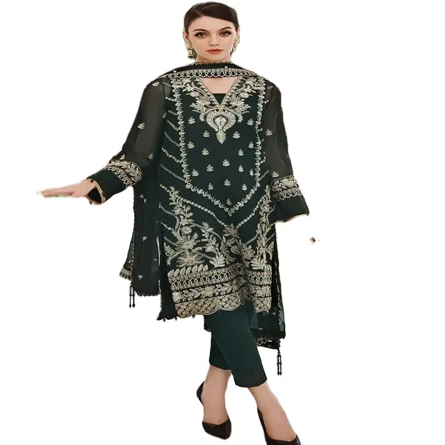 Pakaian pesta Shalwar kameez cocok untuk wanita di kain sifon kualitas tinggi dengan gaun bernapas bordir sangat halus