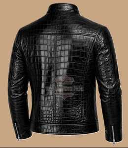 Veste en cuir véritable pour homme, motif crocodile, col montant, fermeture éclair, coupe classique, poches poitrine zippées, vêtement d'extérieur hiver - Product Image 3