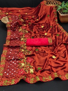 Saree en soie Rangoli avec travail de broderie Collection de saris indiens de créateur élégant parfait pour le mariage de mariée - Product Image 5