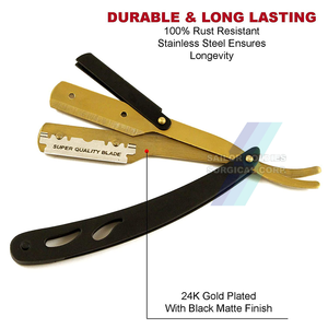 Precio de fábrica, maquinillas de afeitar de peluquero de acero inoxidable mate negro de 6,0 \ "con cuchillas afiladas chapadas en oro - Product Image 6