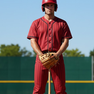 Seragam Baseball Profesional dengan Permintaan Tinggi |   Jersey Kancing Penuh dengan Garis Merah & Hitam Sublimasi dengan Celana - Product Image 4