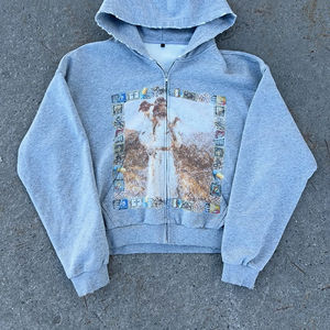 เสื้อฮู้ดดี้ซิปสำหรับผู้ชาย OEM Streetwear สกรีนโลโก้ตามสั่ง ทรงโอเวอร์ไซส์ ผ้าคอตตอนหวี 100% หนานุ่ม พิมพ์ลายวินเทจ ล้างสีแบบแอซิดวอช แต่งดีเทลขาดๆ - Product Image 5