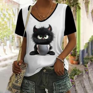 2025 Women T Shirt Summer <b>Cartoon</b> Cat Print <b>Tshirt</b> Plus Size Women's Clothing Oversized Designer Short Sleeve Shirt Women V-neck - Product Image 3