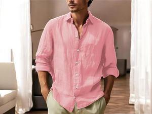 Camisa de lino de algodón para Hombre | Manga larga abotonada | Elegante top de playa de verano | Diseño de solapa liso. - Product Image 6