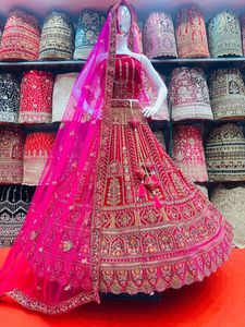 Grand Velvet Bridal Lehenga Choli Unstitched Mirror & Jarkan Embellishments with Heavy Flair Long Blouse & Dupatta for Weddings - Product Image 2