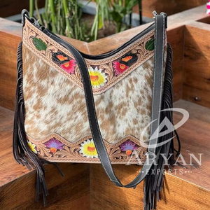 กระเป๋าสะพายข้างหนังวัวสำหรับผู้หญิง, กระเป๋าสะพายแฟชั่นตะวันตกแบบมีพู่ทำจากหนังวัวแท้ใหม่ - Product Image 1