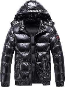 Chaqueta Acolchada Negra Plegable para Hombre, Chaqueta de Invierno Cálida e Impermeable con Capucha, Estilo Casual, Cremallera, Diseño Brillante de Burbujas, Abrigos de Esquí para Exteriores - Product Image 2
