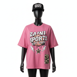 T-shirt ample pour femme en jersey de coton de haute qualité, respirant, doux, rose, avec impression thermique et patchwork, t-shirt en coton - Product Image 1