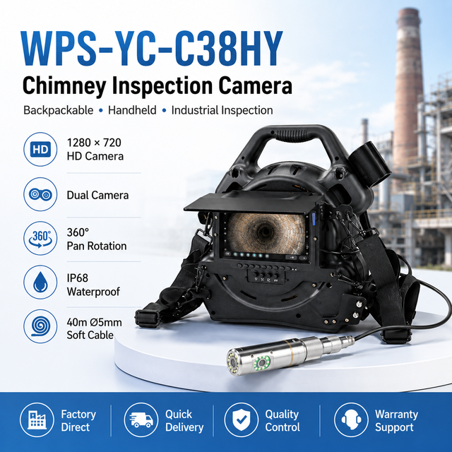 Backpack Industrial Chimney Camera 360 Pan Dual Lens 40m Soft Cable Flue Inspection Camera 7 Inch Monitor Hand Cranked Reel