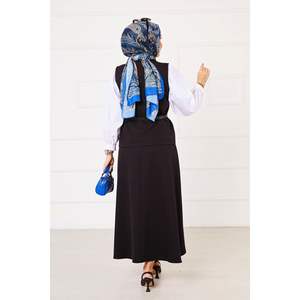 Cross Buttoned <b>Skirted</b> Double Hijab 2-Piece Casual Set Autumn Crepe Fabric Woven Pattern <b>Black</b>" - Product Image 5