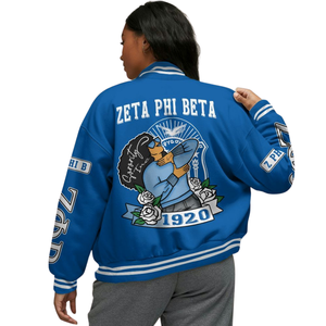 Zeta Phi เสื้อแจ็กเก็ตทีมตัวแทน zpb สำหรับผู้หญิงรุ่นเบต้า1920แจ็คเก็ตทีมสโมสรสีฟ้าและสีขาวเสื้อแจ็กเก็ตใส่ประจำวันของชาวกรีก - Product Image 2