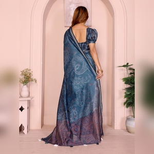 Sari ethnique bleu à imprimé numérique Chanderi pour les occasions festives de mariage, boutique indienne, design Bollywood, sari noir - Product Image 5