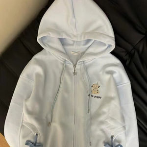 Sweat à capuche zippé confortable avec nœud mignon et design d'étoile Veste polaire douce et chaude pour un usage quotidien Tenue de mode de style de rue - Product Image 2