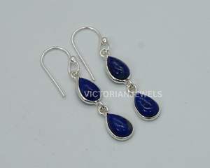 925 argent sterling massif bleu Lapis Lazuli mois de septembre pierre de naissance deux pierres crochet boucle d'oreille - Product Image 1