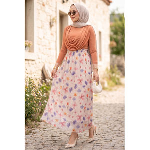 Bohemian Style for Cream Chiffon Tulle <b>Skirt</b> with Floral <b>Elastic</b> Waist Print Decoration - Product Image 1