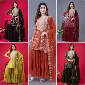 นำเสนอผ้าจอร์เจียเทียมปักเสื้อทำงานและ Sharara Palazzo กับ Dupatta ล่าสุดออกแบบใหม่ล่าสุด - Product Image 3
