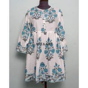 ชุดเดรสทำงานผู้หญิง ผ้าฝ้าย 100% ลายพิมพ์ดอกไม้แบบแฮนด์บล็อก แขนพองสามส่วน ความยาวระดับเข่า สวมใส่สบาย - Product Image 1