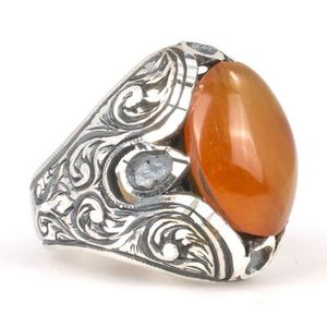 925 Sterling <b>Silver</b> Men's <b>Ring</b> <b>Emerald</b> Cut Diamond Handcrafted Oval Pressed Amber Stone Bezel Setting Rhodium for Everyday Wear - Product Image 2