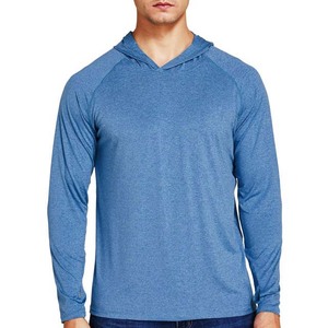 Camisa de pesca con capucha de protección solar UPF azul de alta calidad, manga larga, poliéster sólido y transpirable para hombres - Product Image 1