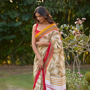 Saree en lin pur de style ethnique avec imprimé floral numérique Léger et polyvalent pour toutes les occasions Comprend des bandanas - Product Image 1