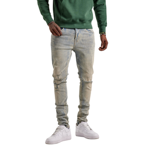 Jean en denim déchiré bleu clair pour homme, coupe droite, décontracté, extensible, style vintage, streetwear, pour le quotidien - Product Image 1