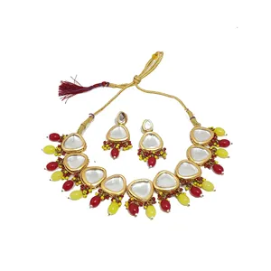 Ensemble de bijoux de mariée plaqué or 24 carats, rouge et jaune Kundan, collier et boucles d'oreilles pour les mariages - Product Image 3