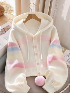 Best Selling 2025 New <b>Women's</b> High-End Hooded Knitted <b>Cardigan</b> Top <b>White</b> Block Lazy Style with Anti-Pilling Feature for Winter - Product Image 2