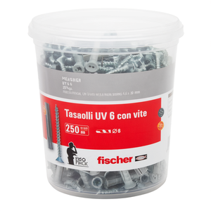 ชุดอุปกรณ์ยึดติดผนัง Fischer UV 6 S ประกอบด้วยปลั๊กไนลอน 250 ชิ้น ขนาด 6 x 30 มม. พร้อมสกรู 250 ตัว สำหรับยึดติดผนังอิฐแข็งและวัสดุแข็งอื่นๆ - Product Image 2
