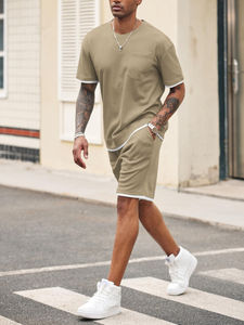 Ensemble de t-shirts et shorts en coton 100% personnalisé en gros, décontracté, respirant, tricoté, à manches courtes pour hommes - Product Image 3