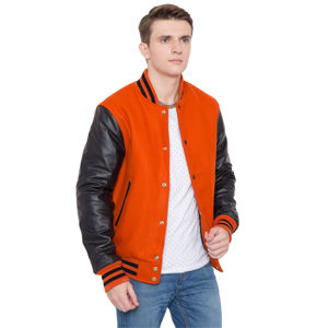 Cuerpo de lana de Cachemira Mangas de cuero de vaca genuino Cuello levantado Naranja Negro Letterman Varsity CollegeBaseballjacket para hombres - Product Image 3