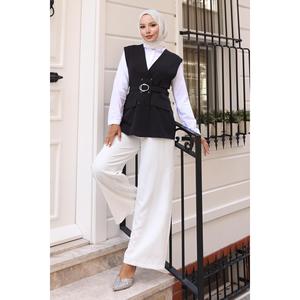 Conjunto Casual de Chaleco con Cuello en V Negro 19254, Top Midi de Lino Negro y Pantalones Cortos, Corte Holgado, Talla XL para Verano - Product Image 1